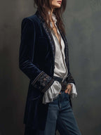 Paola | Vintage Velvet Long Blazer with Embroidered Lapels for Women