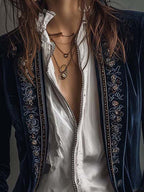 Paola | Vintage Velvet Long Blazer with Embroidered Lapels for Women
