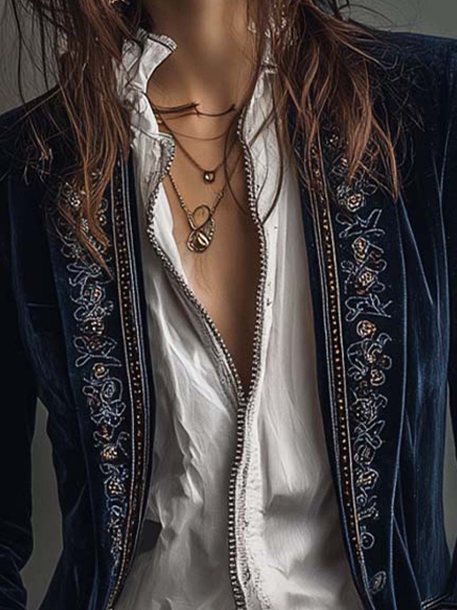 Paola | Vintage Velvet Long Blazer with Embroidered Lapels for Women