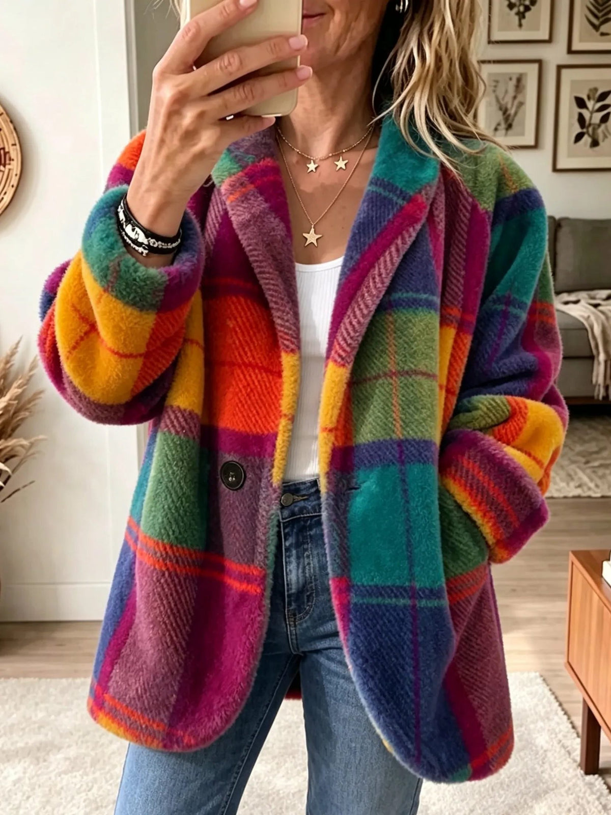 Rhonwen | Plaid Long Cardigan Blazer with Button Closure for Women