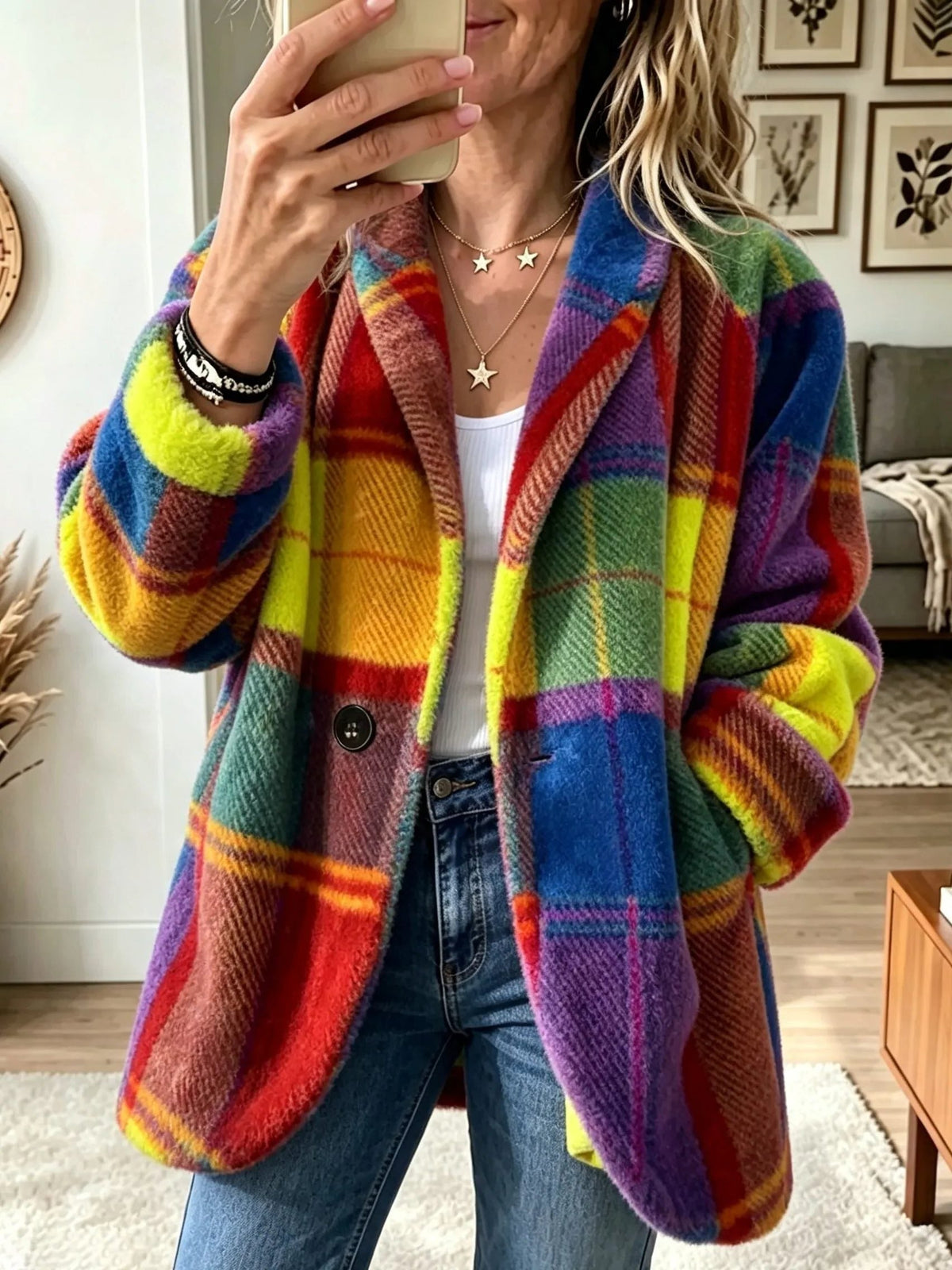 Rhonwen | Plaid Long Cardigan Blazer with Button Closure for Women