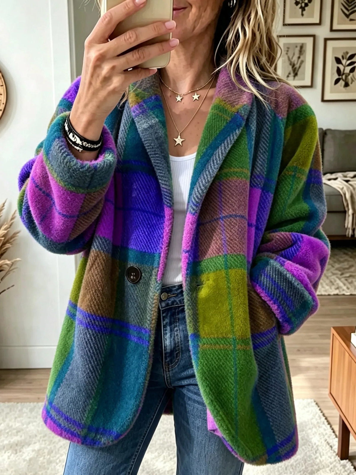 Rhonwen | Plaid Long Cardigan Blazer with Button Closure for Women