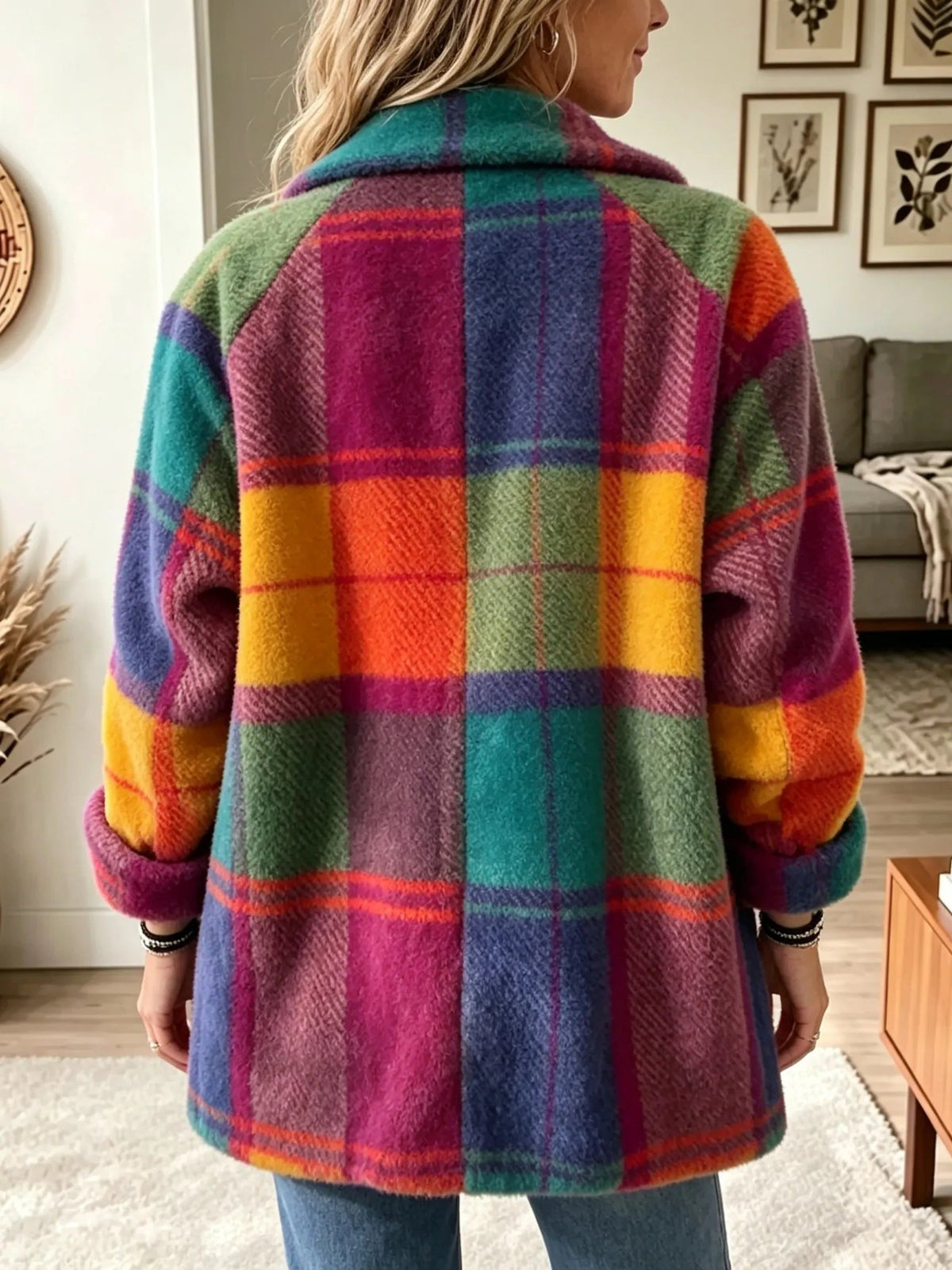 Rhonwen | Plaid Long Cardigan Blazer with Button Closure for Women