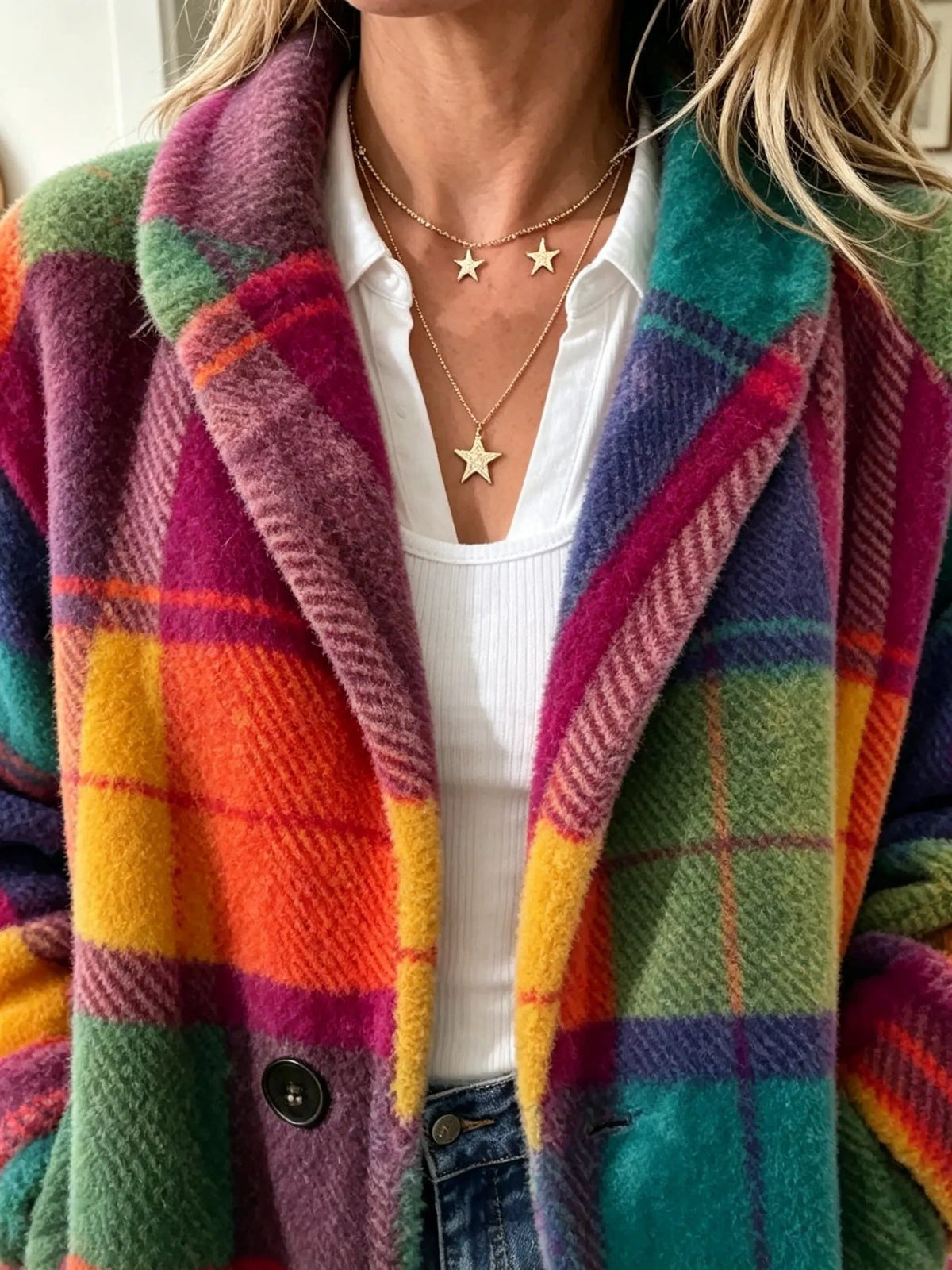 Rhonwen | Plaid Long Cardigan Blazer with Button Closure for Women