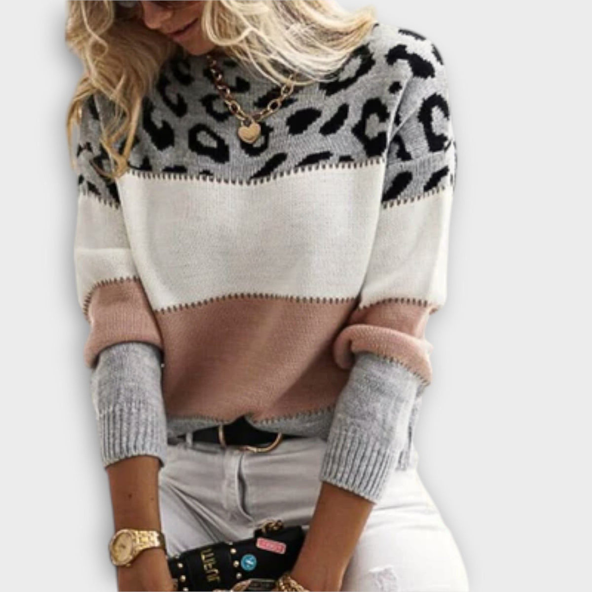 Saffron | Leopard Print Sweater with Crew Neck for Women