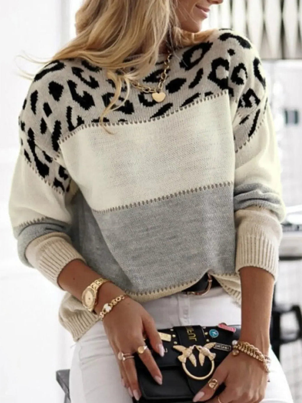 Saffron | Leopard Print Sweater with Crew Neck for Women