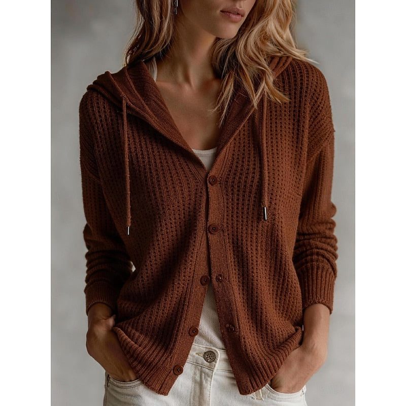 Sebastiane | Ribbed Knit Hooded Button-Front Cardigan for Women