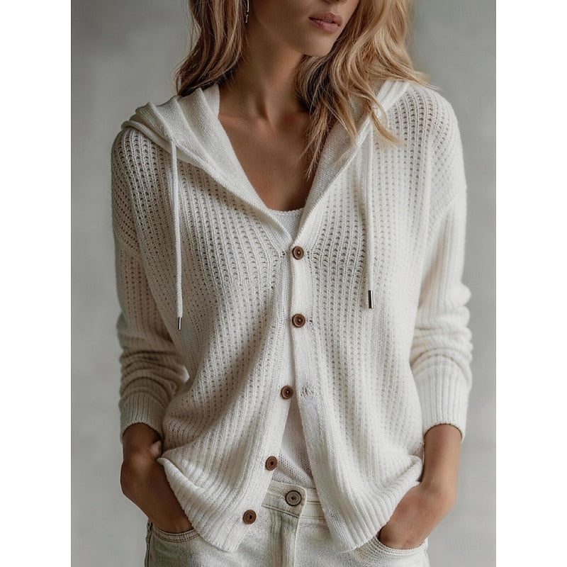 Sebastiane | Ribbed Knit Hooded Button-Front Cardigan for Women
