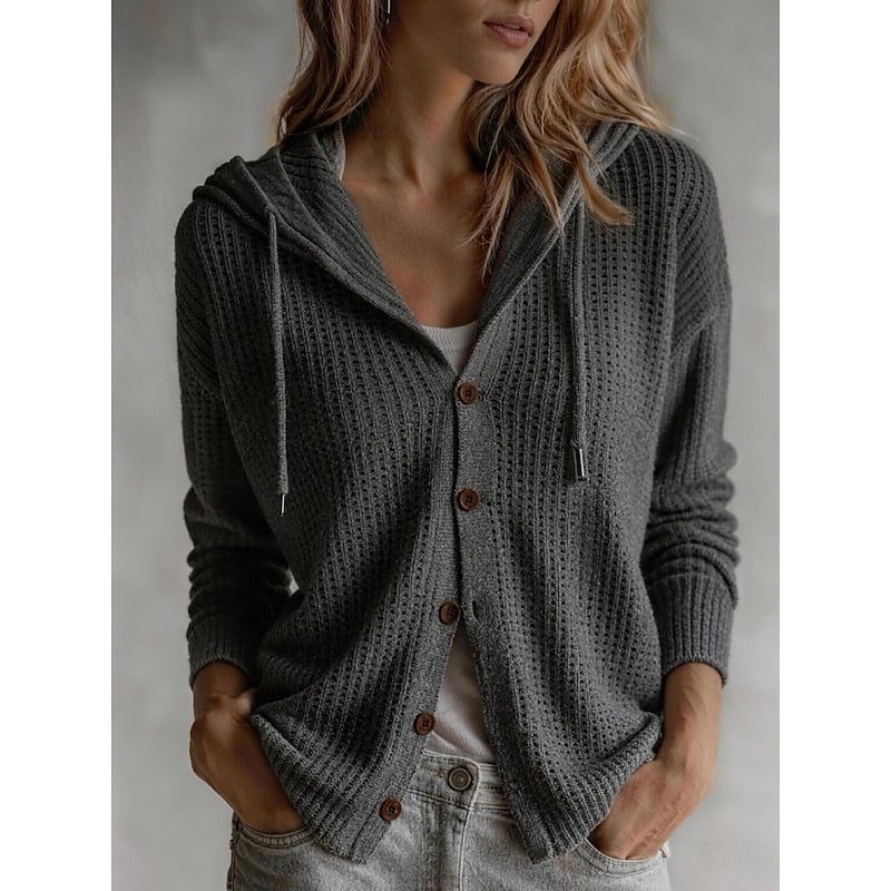 Sebastiane | Ribbed Knit Hooded Button-Front Cardigan for Women