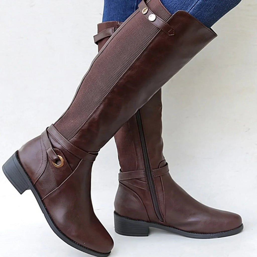 Sundari | Knee-High Block Heel Elastic Calf Leather Boots for Women