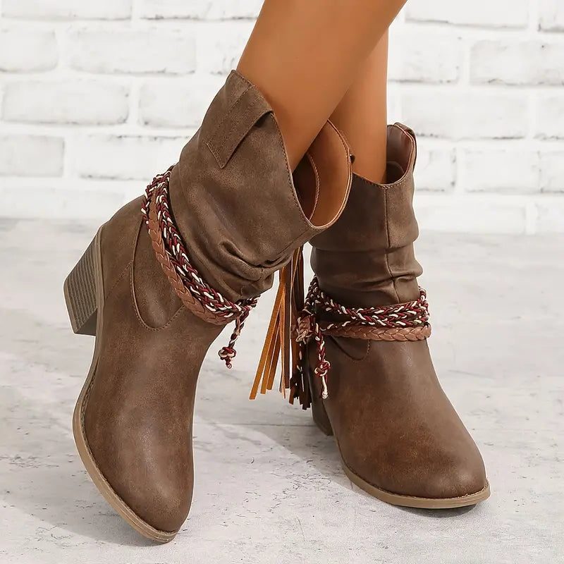 Trinity | Suede Western Boots with Braided Strap for Women