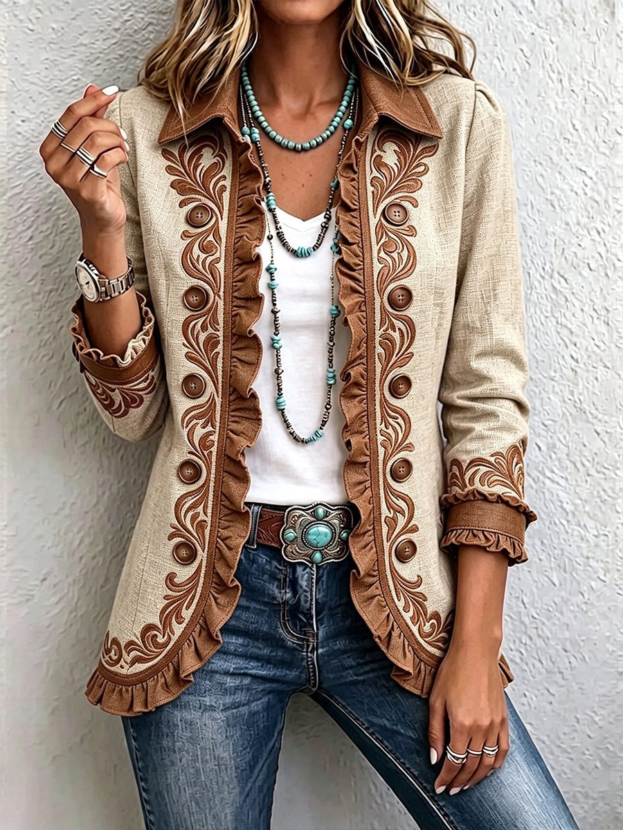 Veronique | Embroidered Ruffled Blazer with Long Sleeves for Women